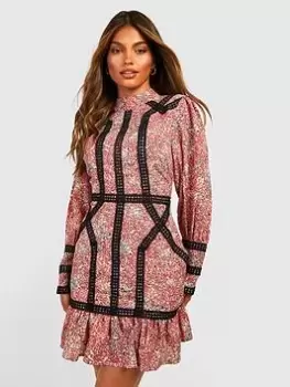 Image of Boohoo Printed Lace Detail Frill Hem Mini Dress - Berry, Purple, Size 12, Women