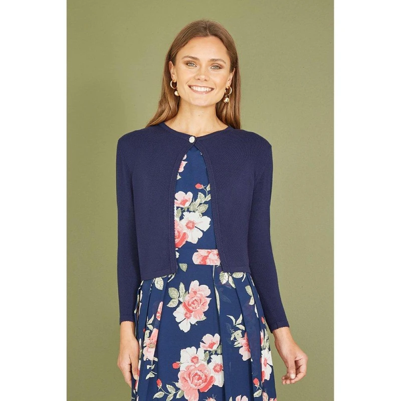 Image of Yumi Navy Diamante Button Cropped Cardigan Navy female