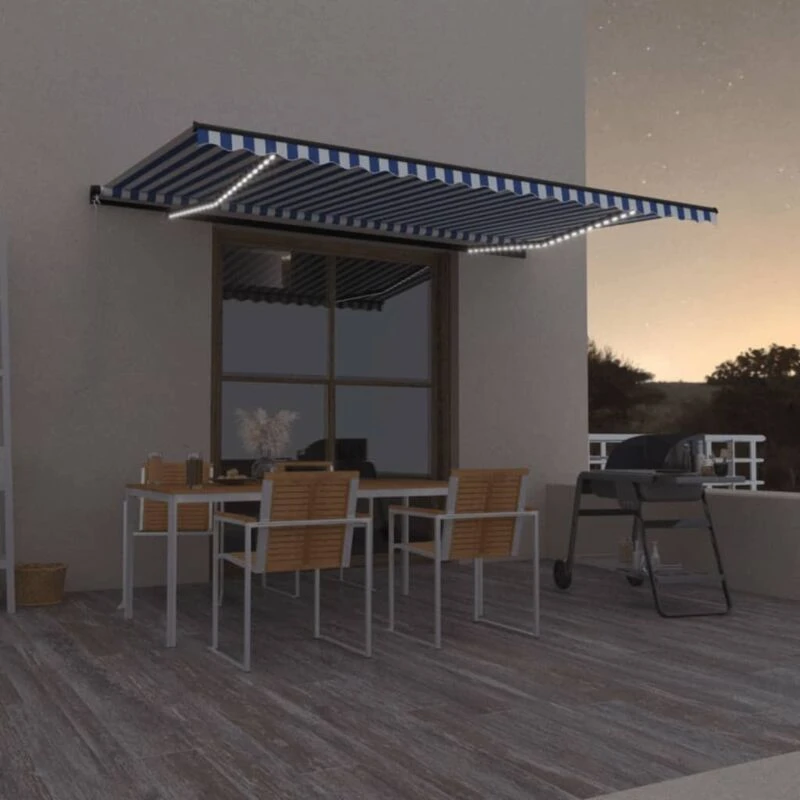 Image of VIDAXL Manual Retractable Awning with LED 500x350cm Blue and White Vidaxl 8720286395455