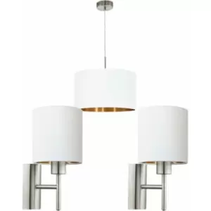 Image of Ceiling Pendant Light & 2x Matching Wall Lights Satin Nickel White Copper Fabric