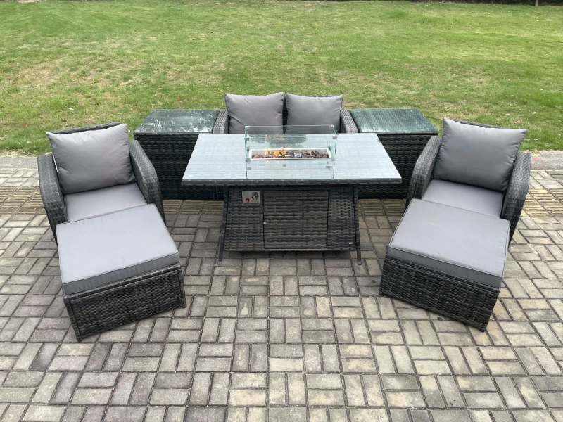 Image of Fimous Patio Outdoor Rattan Garden Furniture Set Propane Gas Fire Pit Table Burner with Love seat Sofa 2 Big Footstool Dark Grey