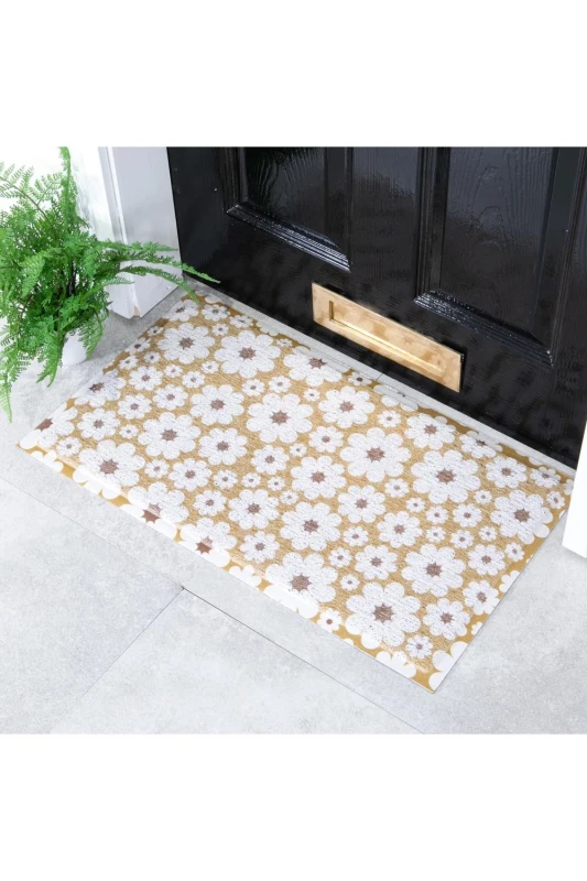 Image of Artsy Doormats Mustard Green And Cream Flower Doormat (70 X 40Cm) DMW-GREENCREAMF