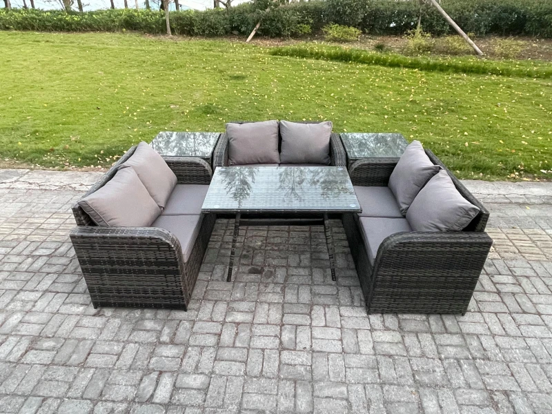 Image of Fimous Rattan Garden Furniture Set 6 Seater Patio Outdoor Love Sofa Set with Rectangular Dining Table 2 Side Tables Dark Grey