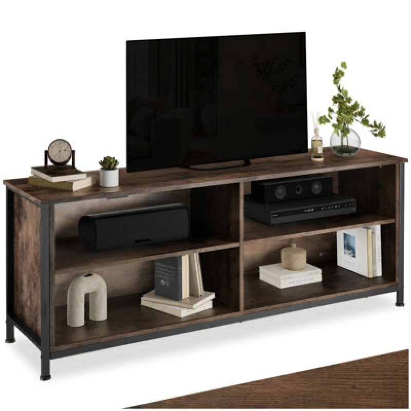 Image of Tectake TV Stand Navan - 4 Open Compartments, 2 Adjustable Shelves, 4 Cable Cutouts 147cm - Industrial Wood Dark, Rustic