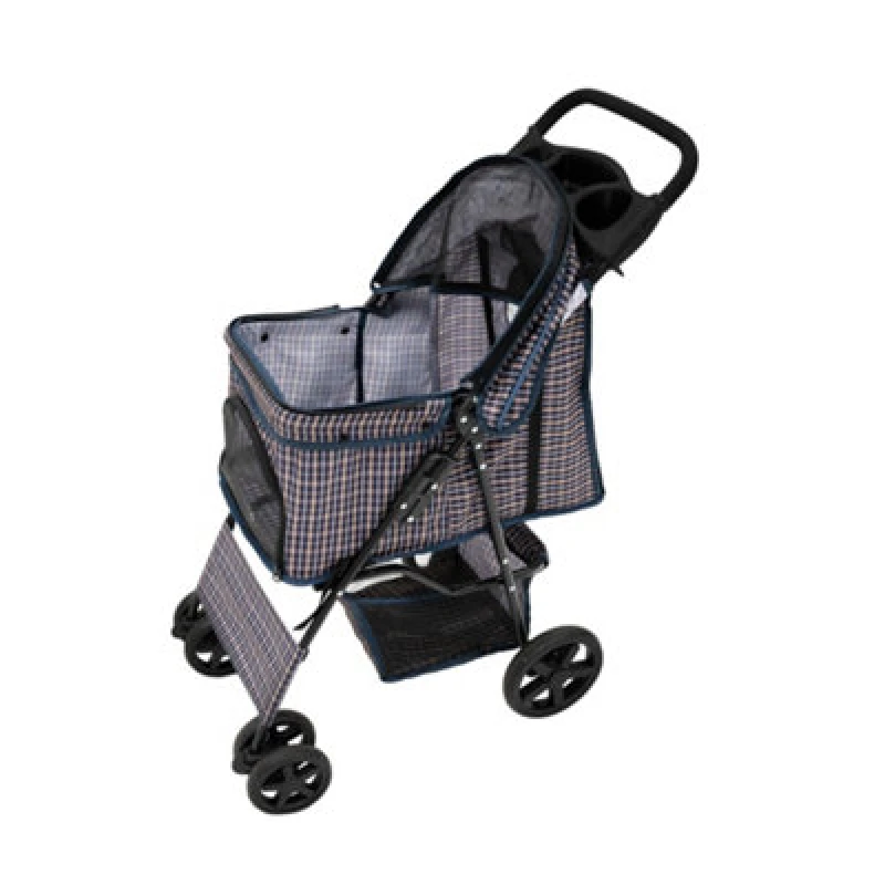 Image of Monstershop Pet Stroller with Rain Cover in Blue Tartan Blue