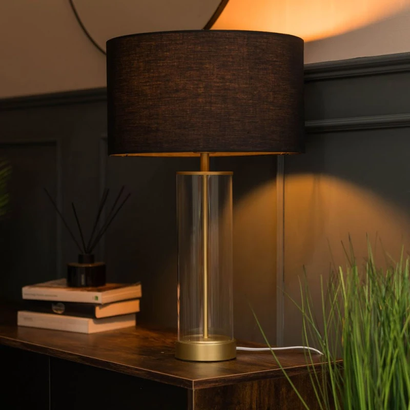 Image of ValueLights Balan Glass and Matt Gold Table Lamp with Fabric Drum Lamp Shade and LED Bulb Black