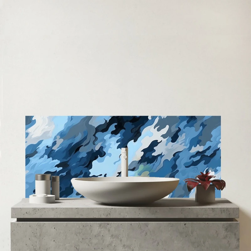 Image of Warren Reed - Designer Blue & Grey Canvas Brushstrokes Glass Bathroom Splashback Blue Unisex