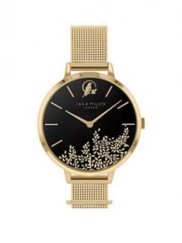 Image of Sara Miller Leaf Collection Black Satin and Gold Detail 34mm Dial Gold Stainless Steel Mesh Strap Ladies Watch, One Colour, Women