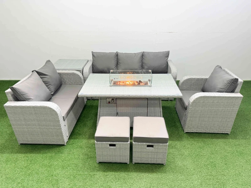 Image of Fimous Patio PE Wicker 8 Seater Outdoor Rattan Furniture Sofa Sets with Firepit Dining Table Reclining Chair Loveseat Sofa 3 Seater Sofa Stool Side Ta