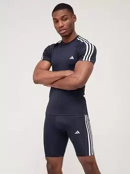 Image of adidas Train TechFit 3 Stripe T-Shirt - Navy Size XS Men