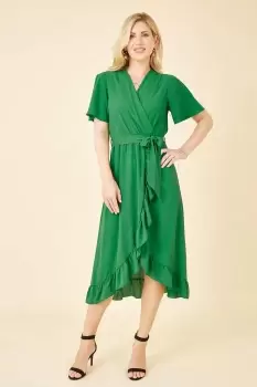 Image of Green Wrap Over Frill Hem Dress
