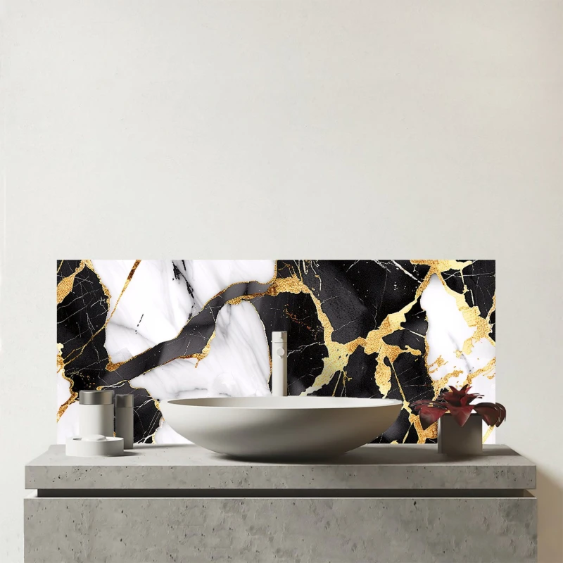 Image of Warren Reed - Designer Gold & Black Marble Effect Glass Bathroom Splashback Gold Unisex