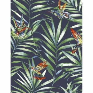 Image of Fresco Hummingbird Navy Tropical Floral Wallpaper