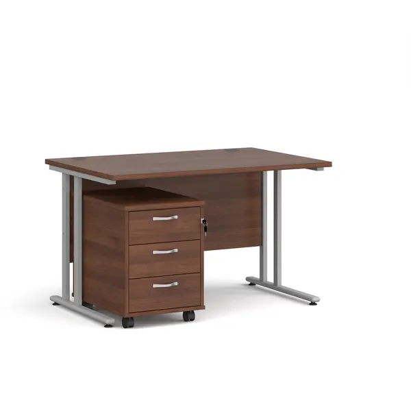 Image of Maestro 25 Straight Desk Silver Frame Walnut Table Top and 3 Drawer Pedestal - 1200mm