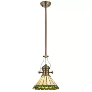 Image of 1 Light Telescopic Ceiling Pendant E27 With 30cm Tiffany Shade, Antique Brass, Green, Crystal - Luminosa Lighting