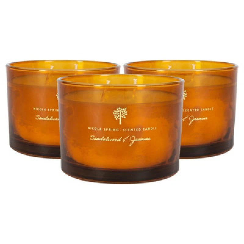 Image of Nicola Spring 3X Scented Candles - 350G - Sandalwood & Jasmine - Double Wick Glass Jars Relaxing Sweet Creamy Fragrance Long Burn