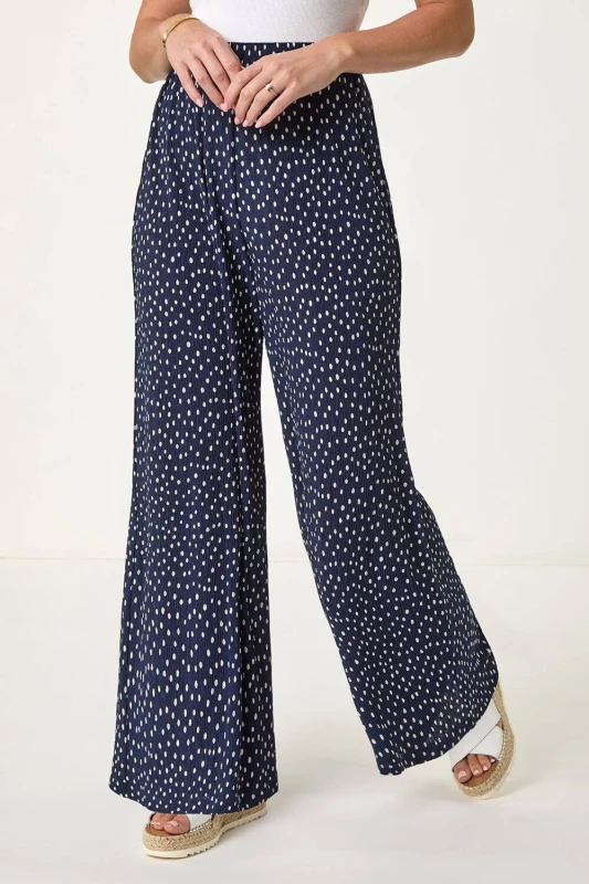 Image of Roman Womens Petite Spot Print Crinkle Trouser in Navy Size: 8 Navy Female 8