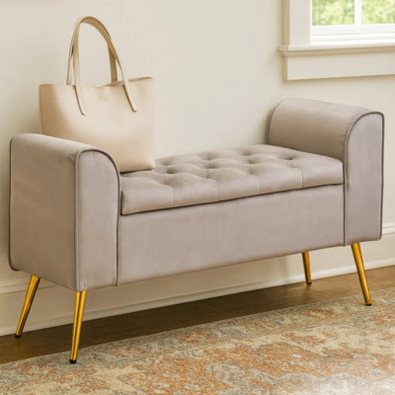 Image of Orsina Mink Velvet Bench With Gold Finish Legs, Comfy Padded Seat Velvet Seat, Built To Last Bedroom Bench