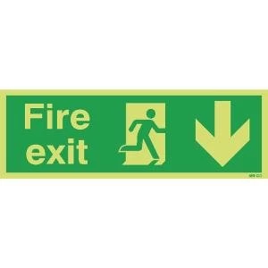 Image of Safety Sign Niteglo Fire Exit Running Man Arrow Down 150x450mm PVC