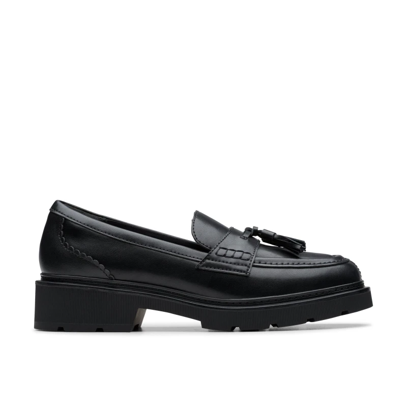 Image of Clarks Clarks Women Lauryl Tassel Black Leather Trouser Shoes,Slip Ons,Loafers Size: 5-Wide Fit Black 5-Wide Fit Female 5063421403985