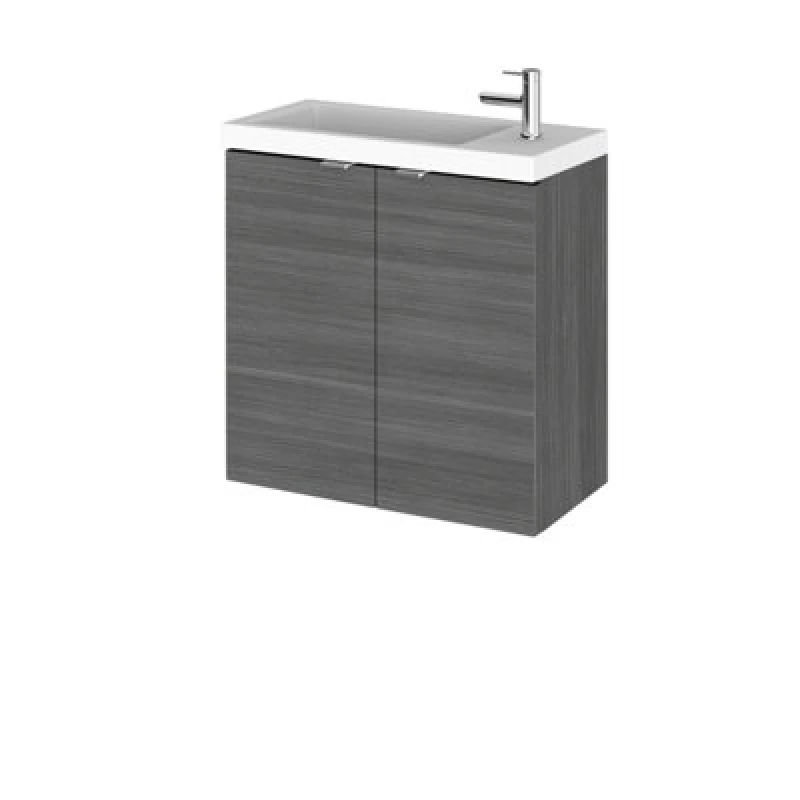 Image of Hudson Reed Fusion Wall Hung 2 Door Vanity Unit & Compact Polymarble Basin, Sink Vanity Unit, Anthracite Woodgrain, 500mm