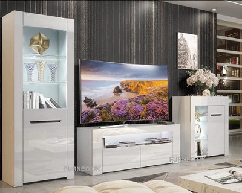 Image of Furneo High Gloss & Matt White Living Room Set TV Stand Sideboard Display Cabinet Milano White LED Lights