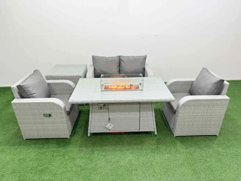 Image of Fimous Light Grey PE Wicker Rattan Garden Furniture Set Sofa Set Reclining Chair Firepit Dining Table 4 Seater With Side Table Light Grey