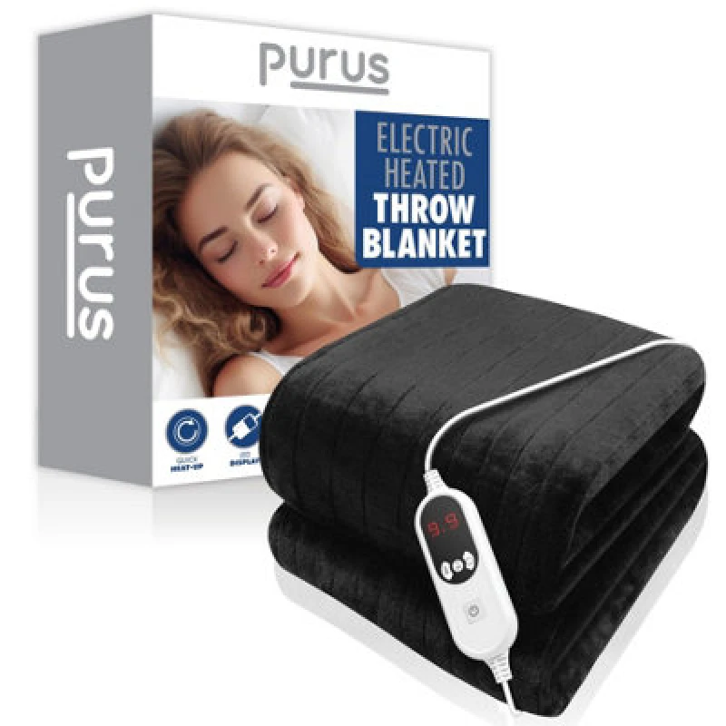 Image of Purus Deluxe Black Xl Electric Throw Heated Double Over Electric Blanket Soft Fleece 9 Heat & 12 Timer Settings