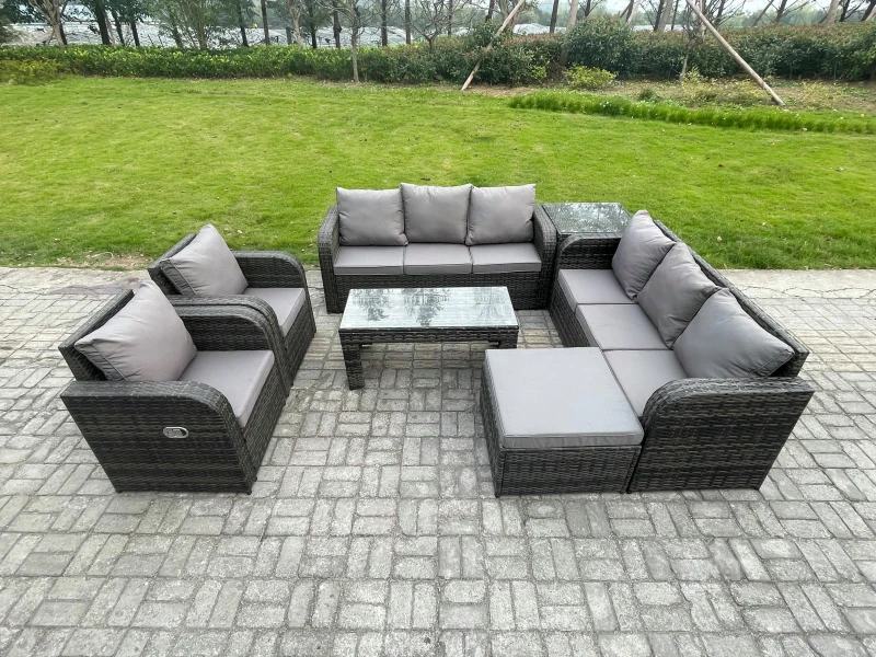 Image of Fimous Wicker PE Rattan Sofa Set Outdoor Patio Garden Furniture with Reclining Chair Coffee Table Side Table Big Footstool Dark Grey Mixed Dark Grey
