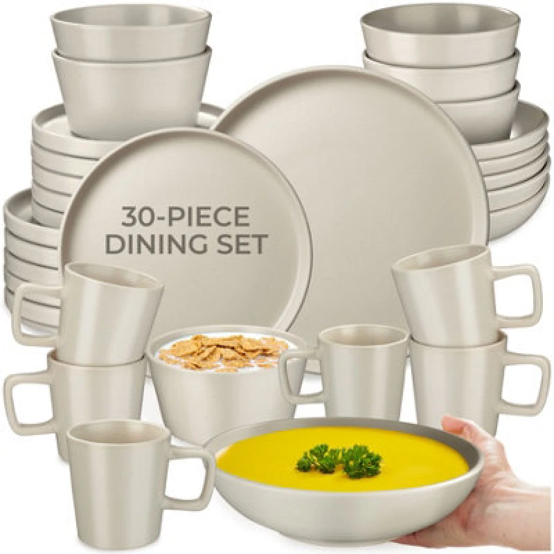 Image of Tectake 30 PC Dinnerware Set Una - Dinner Set, Incl. Plates, Bowls And Mugs, For 6 People - Taupe