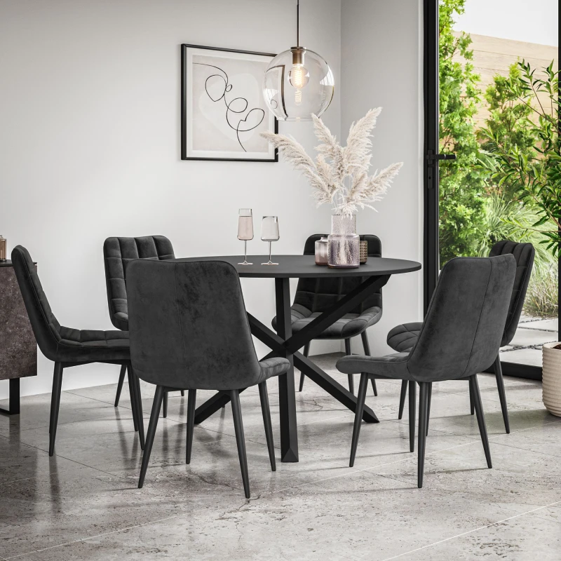 Image of More4Homes Malvern Round Dining Table And Chairs - Black Table Top W Solid Black Oak Legs + Nova Velvet Dining Chair Set Of 6 (Black)