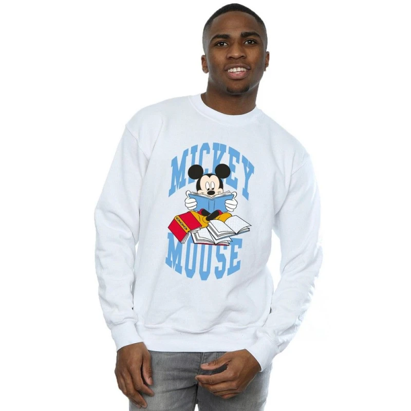 Image of Disney Men Reading Books Mickey Mouse Sweatshirt in White Size: Small White S Male 5063376462549