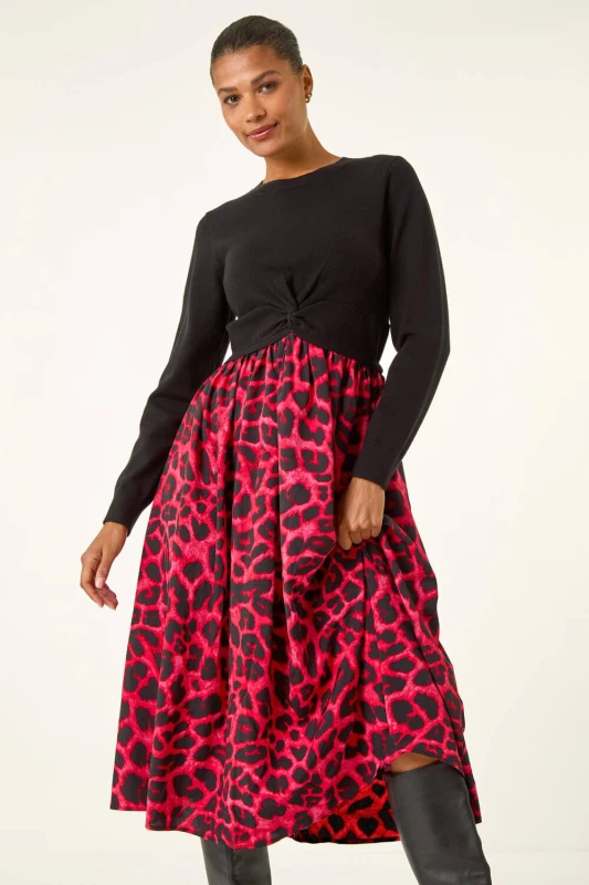 Image of Roman Womens Animal Print Twist Front Midi Dress in Red Size: 12 Red Female 12