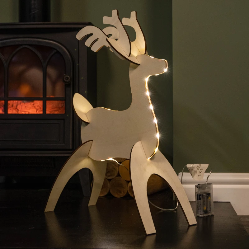 Image of 50cm Battery Operated Light up 3D Wooden Christmas Reindeer with 31 Warm White LEDs