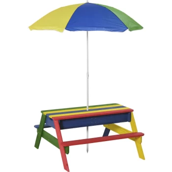 Image of Outsunny - Kids Wooden Picnic Table & Parasol Set Bright Rainbow Seat 4 Children