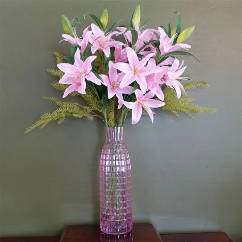 Image of Leaf Leaf 100cm Pink Lily and Fern Display Glass Vase Dark Pink