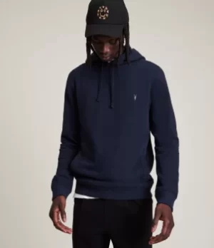 Image of AllSaints Mens Raven Pullover Hoodie, Navy Blue, Size: M