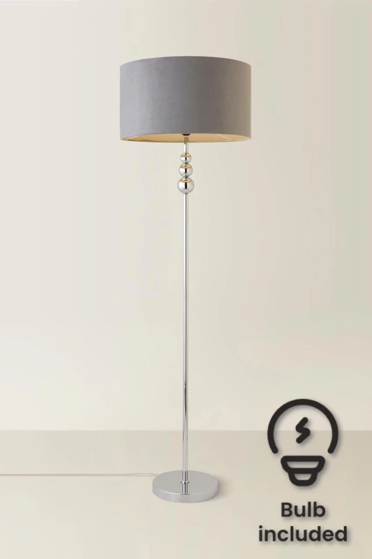 Image of ValueLights Marissa Velvet Drum Shade with Chrome Stacked Ball Floor Lamp with LED Bulb Grey