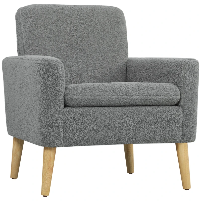 Image of HOMCOM HOMCOM Modern Accent Chair with Wood Legs, Wide Seat, Teddy Armchair, Grey Grey Armchair Unisex 5063603047587