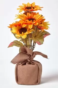 Image of Yellow and Golden Artificial Sunflower Arrangement in Burlap Pot