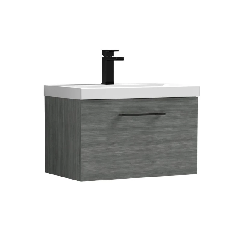 Image of Balterley 600mm Wall Hung 1 Drawer Vanity, Woodgrain Anthracite, Black Handle in Grey Grey Unisex