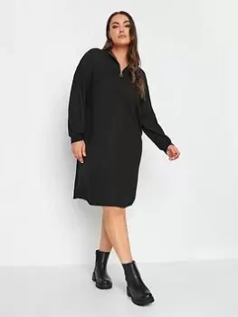 Image of Yours Yours Soft Touch Rib Half Zip Midi Dress, Black, Size 16, Women