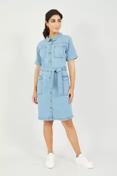 Image of Blue Stretch Denim Utility Shirt Dress