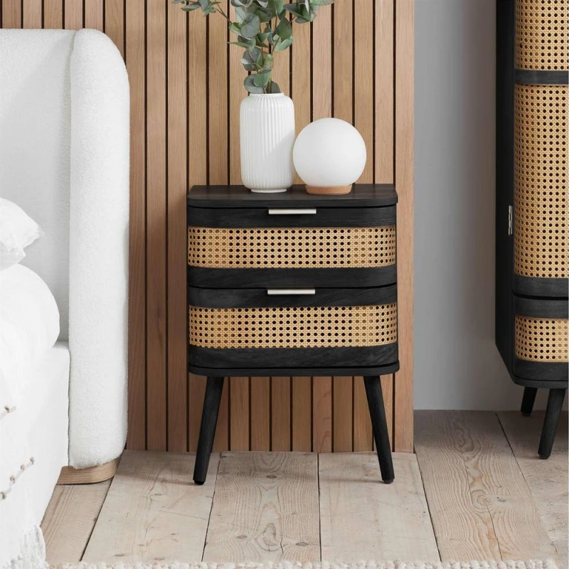 Image of Birlea Noah Rattan and Black 2 Drawer Bedside Table