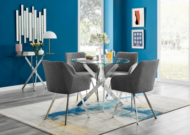 Image of FurnitureboxUK FurnitureboxUK Novara Round Glass Dining Table & 4 Falun Silver Leg Chairs in Dark Grey Dark Grey One Size Unisex 5056657178598