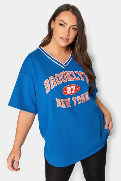 Image of Yours 'New York' Slogan V-Neck T-Shirt Cobalt