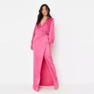 Image of Missguided Front Shirt Maxi Dress Ls Satin - Pink