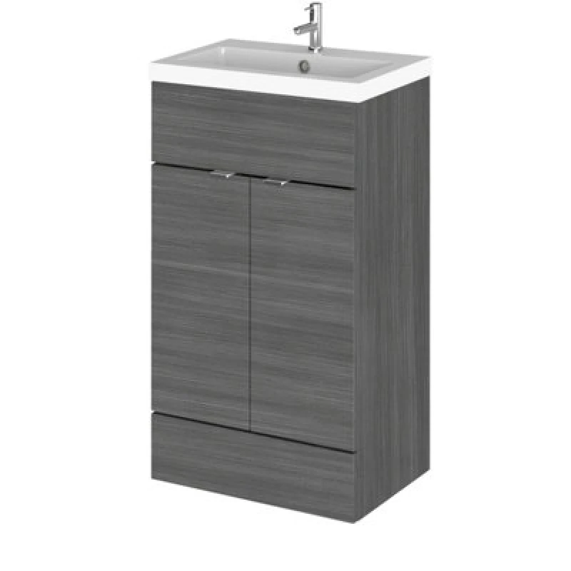 Image of Hudson Reed Fusion Floor Standing 2 Door Vanity Unit & Polymarble Basin, Sink Vanity Unit, Anthracite Woodgrain, 500mm