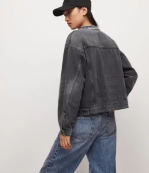 Image of AllSaints Womens Bloom Denim Jacket, Washed Black, Size: 16