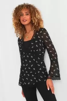Image of Mesh Long Sleeve Lace Bee Print Top